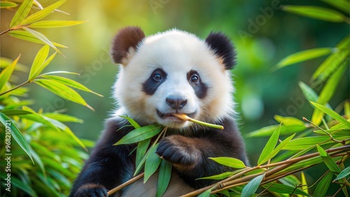Adorable baby panda munching on bamboo in a lush green environment