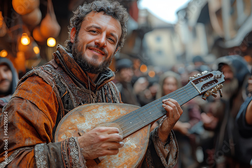A traveling minstrel entertaining a crowd with a lute and song. Concept of medieval music and entertainment.