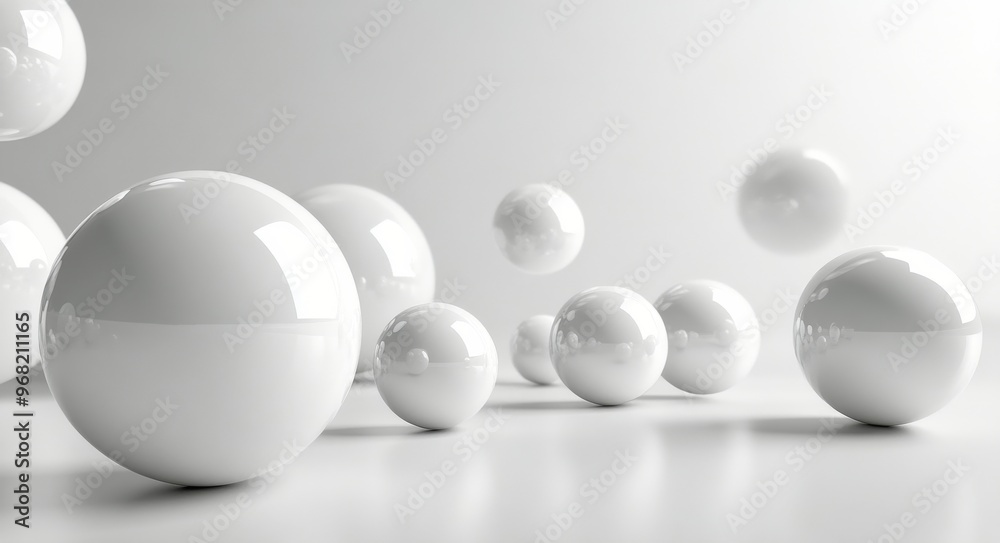 White spheres scattered on a smooth surface in a minimalist interior design setting White spheres scattered on a smooth surface in a minimalist interior design setting