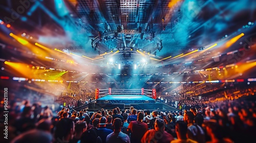 Spectators assemble around an illuminated, vacant boxing ring in a dimly lit arena photo