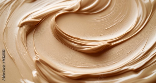 Creamy beige foundation applied on a surface showcasing texture and rich colo...