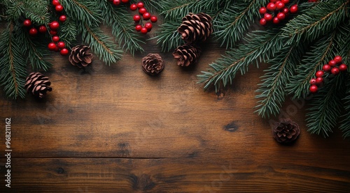 Festive winter arrangement with pinecones, red berries, and evergreen branche...
