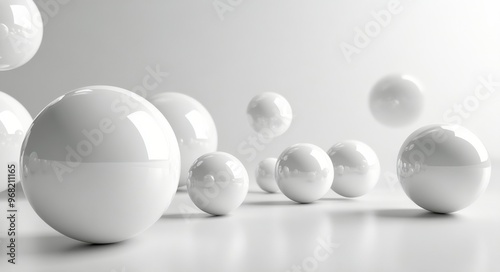 White spheres scattered on a smooth surface in a minimalist interior design s...