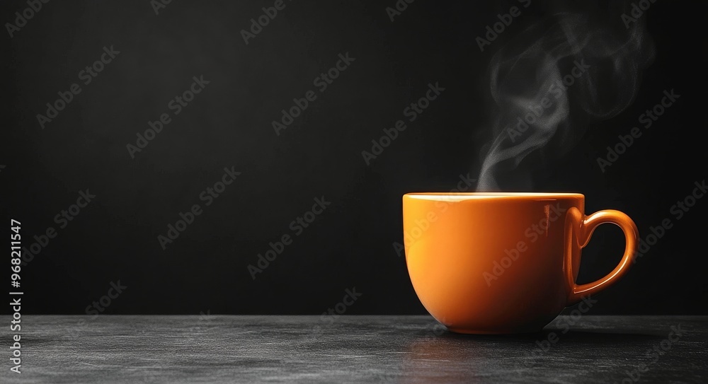 Steaming cup of coffee on a dark surface with a warm atmosphere in a cozy setting Steaming cup of coffee on a dark surface with a warm atmosphere in a cozy setting