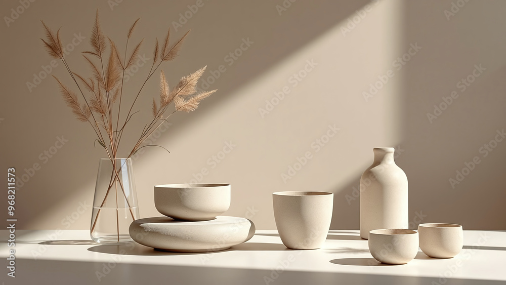 Obraz premium Serene Still Life with Ceramic Tableware and Glass Vase