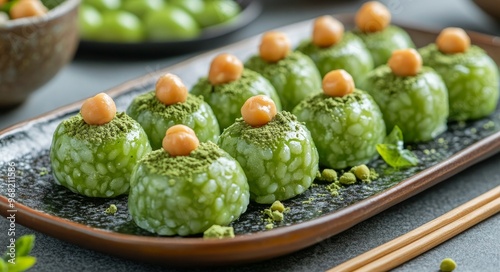 Delicious matcha mochi balls topped with chickpeas served on a decorative plate