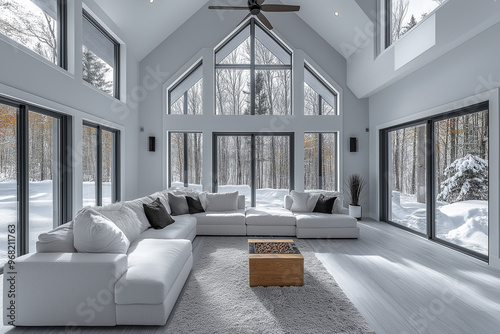 modern living room with window snow
