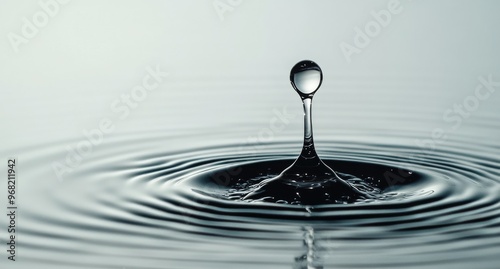 Water droplet creates ripples on a calm surface in a serene environment