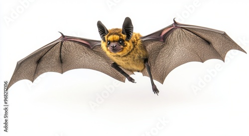 A close-up view of a flying bat with detailed wings against a white background