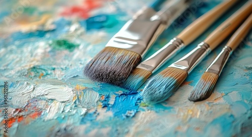 Artistic brushes on a vibrant palette of colorful paint in a creative workspace