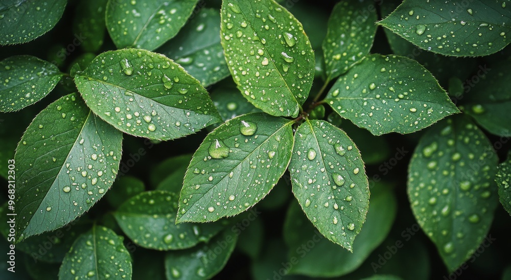 Refreshing green leaves covered in droplets after morning rain in a lush garden setting Refreshing green leaves covered in droplets after morning rain in a lush garden setting