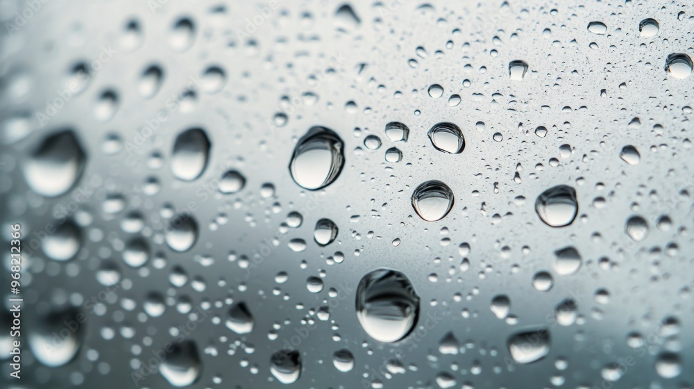 Close-up of water droplets on a smooth surface reflecting light on a clear day Close-up of water droplets on a smooth surface reflecting light on a clear day