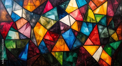 Vibrant stained glass artwork showcasing colorful geometric patterns in a uni...