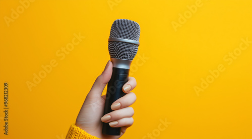Illustration créative d'une main tenant un micro pour une interview ou un podcast, fond coloré simple et professionnel jaune