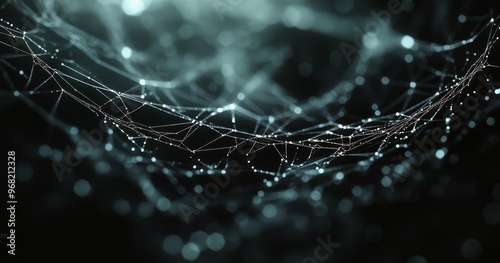 Intricate web of interconnected points and lines illuminated against a dark b...