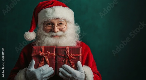 Joyful Santa Claus holding wrapped gifts against a solid green background dur...