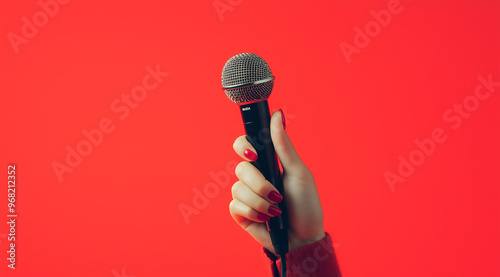Illustration créative d'une main tenant un micro pour une interview ou un podcast, fond coloré simple et professionnel rouge