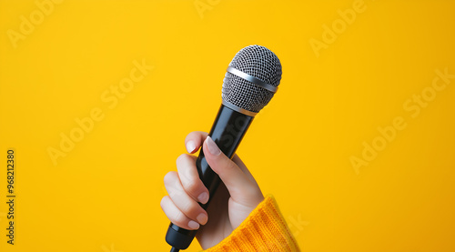 Illustration créative d'une main tenant un micro pour une interview ou un podcast, fond coloré simple et professionnel jaune