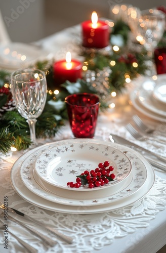 Elegant holiday table setting with candles, foliage, and decorative plates du...