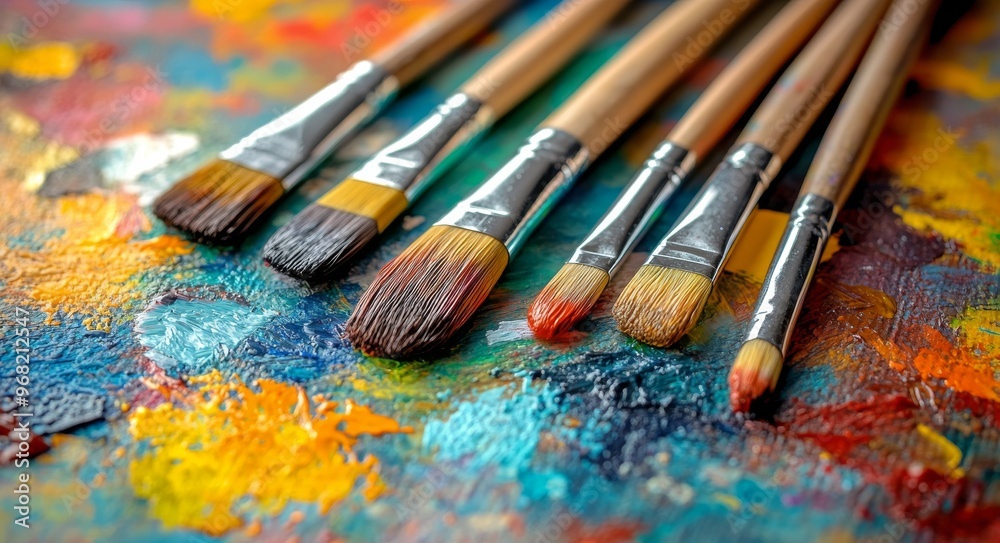 Fototapeta premium Colorful paint palette with assorted brushes arranged artistically on a vibrant background