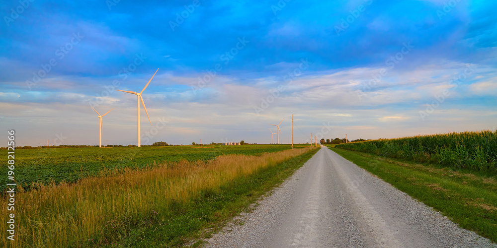 Windmills along a gravel road near Pony Express Lake, Missouri.