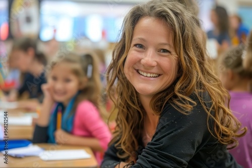 A woman is smiling at the camera in front of a group of children