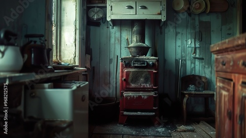 Rustic Kitchen with Vintage Stove and Wood Paneling