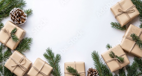 Festively wrapped gifts surrounded by pine branches and cones for a holiday c...