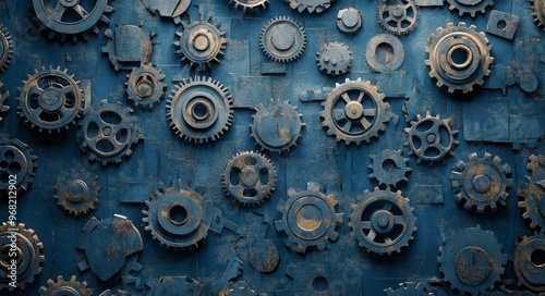 An intricate arrangement of vintage gears on a blue backdrop highlighting mec...