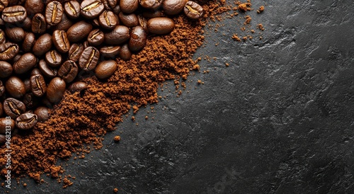 Dark roasted coffee beans and grounds on a textured black surface in a cozy k...