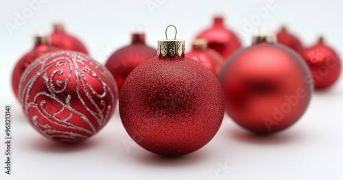 Festive collection of red Christmas ornaments arranged on a white surface for holiday decoration