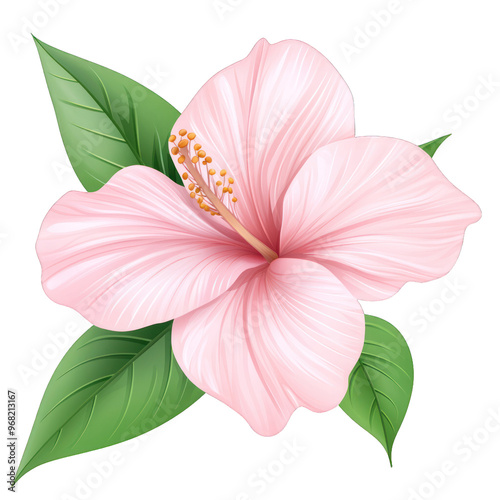A beautiful pink hibiscus flower with green leaves, symbolizing tropical beauty and elegance, perfect for floral designs and decorations. transparent background