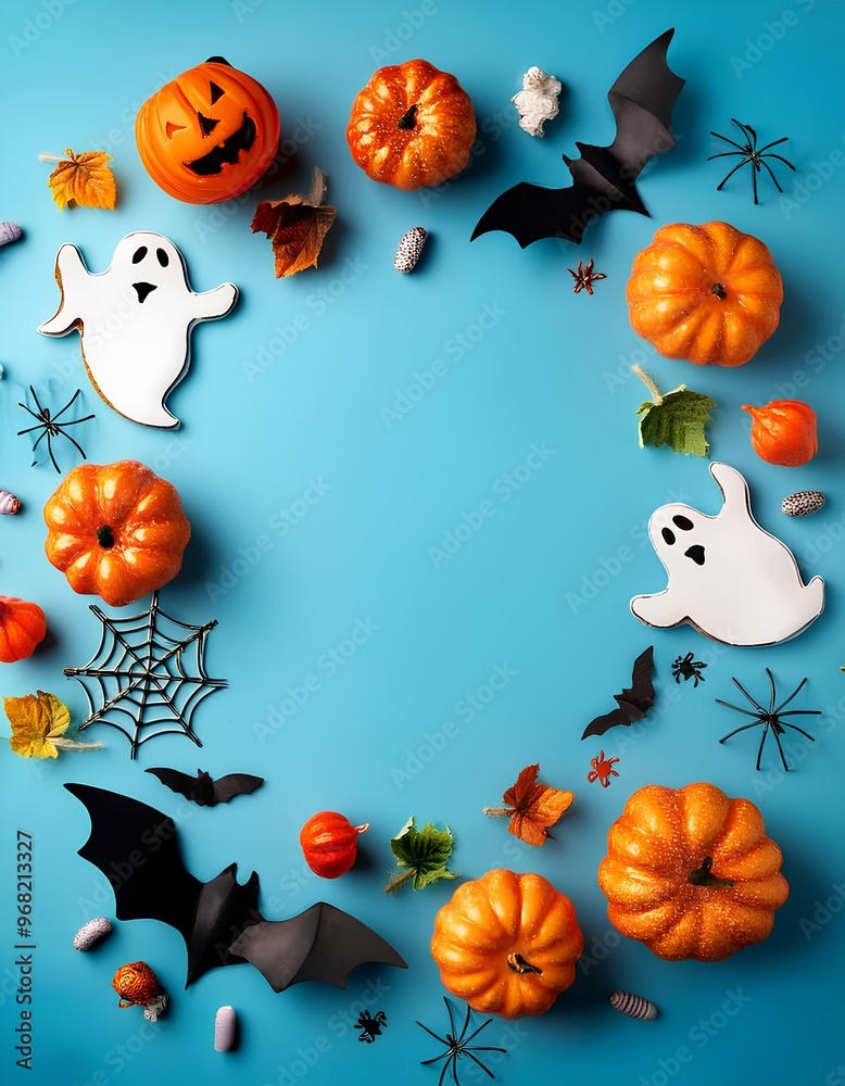Halloween decorations with pumpkins, bats, and ghosts Halloween decorations with pumpkins, bats, and ghosts