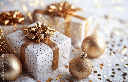 Elegant white gift boxes with golden bows and ornaments for a festive holiday...