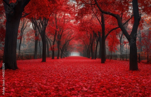 Vibrant red leaves blanket a serene pathway in an autumn park during a cloudy...