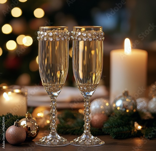 Elegant champagne flutes with holiday decor and soft candlelight during a fes...
