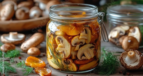 Deliciously preserved mushrooms in a jar on a rustic wooden table with fresh ...