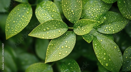 Refreshing green leaves covered in droplets after morning rain in a lush gard...