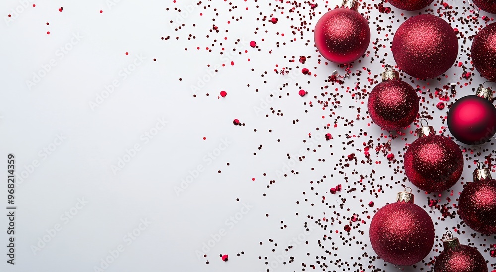 Red Christmas ornaments sprinkled with glitter on a white surface for festive decoration Red Christmas ornaments sprinkled with glitter on a white surface for festive decoration
