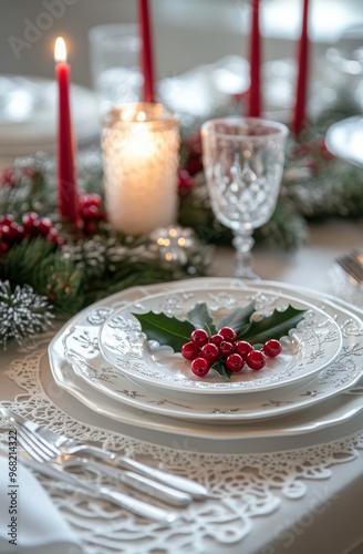 Elegant holiday table setting with candles, foliage, and decorative plates du...
