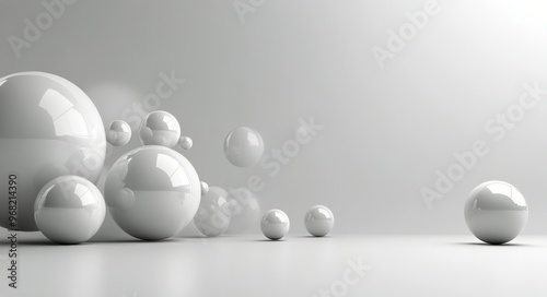 White spheres scattered on a smooth surface in a minimalist interior design s...