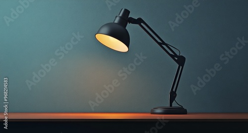 A black desk lamp illuminating a dark workspace in a minimalistic setting at ...