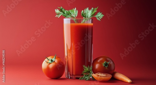Freshly prepared carrot and tomato juice served in a clear glass against a vi...