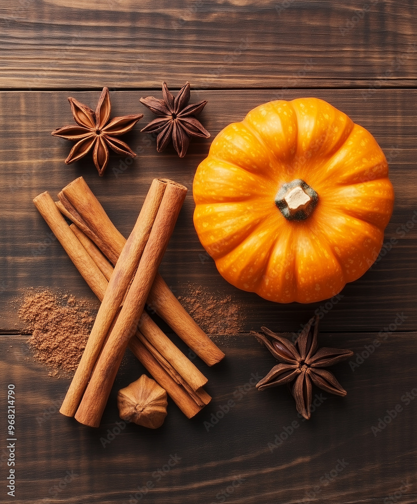 Fototapeta premium pumpkin, cinnamon sticks and star anise on wooden background