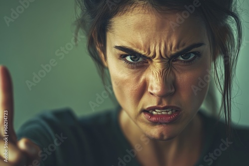 A close-up of a woman with an angered expression, furrowing her brows and pointing her finger directly at the viewer. The image captures the intensity of her emotion. photo