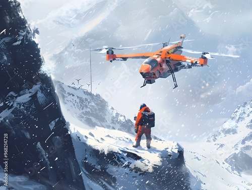 A bold adventurer in a snowy mountain landscape observes a drone navigating the treacherous terrain, showcasing modern exploration.