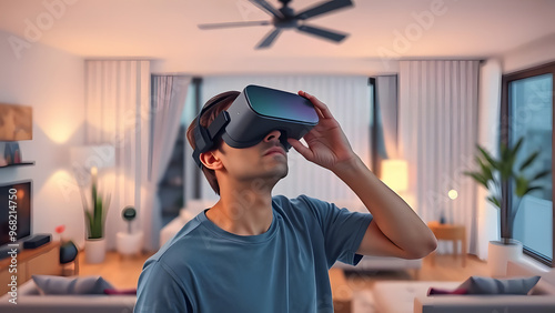 Young man exploring virtual reality in a modern living room at dusk