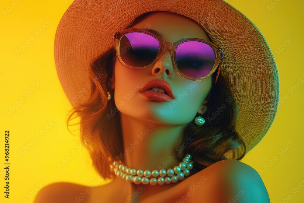 Model in retro inspired modern fashion against neon yellow background. Model in retro inspired modern fashion against neon yellow background.