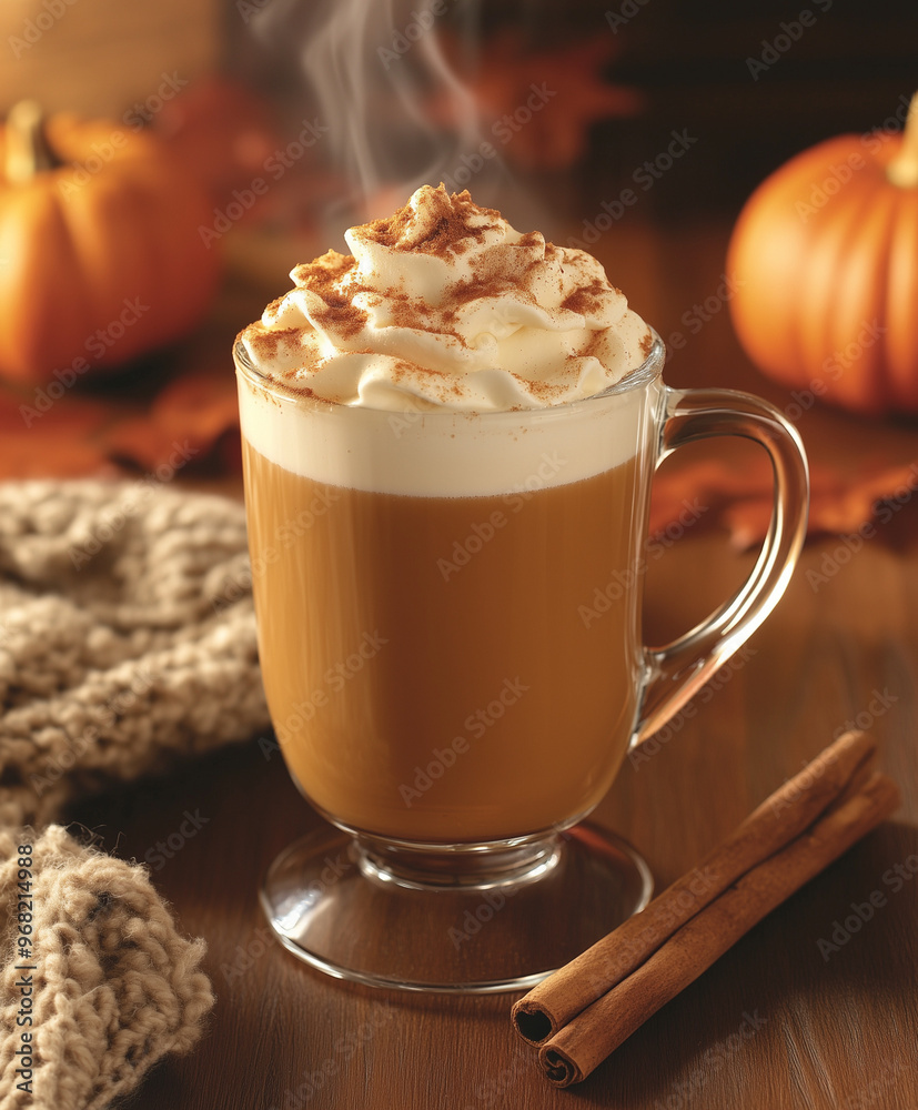 warm pumpkin spice latte with whipped cream, cinnamon and pumpkins in the background warm pumpkin spice latte with whipped cream, cinnamon and pumpkins in the background