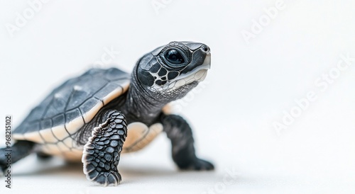 A young turtle exploring its environment on a light background in a serene se...